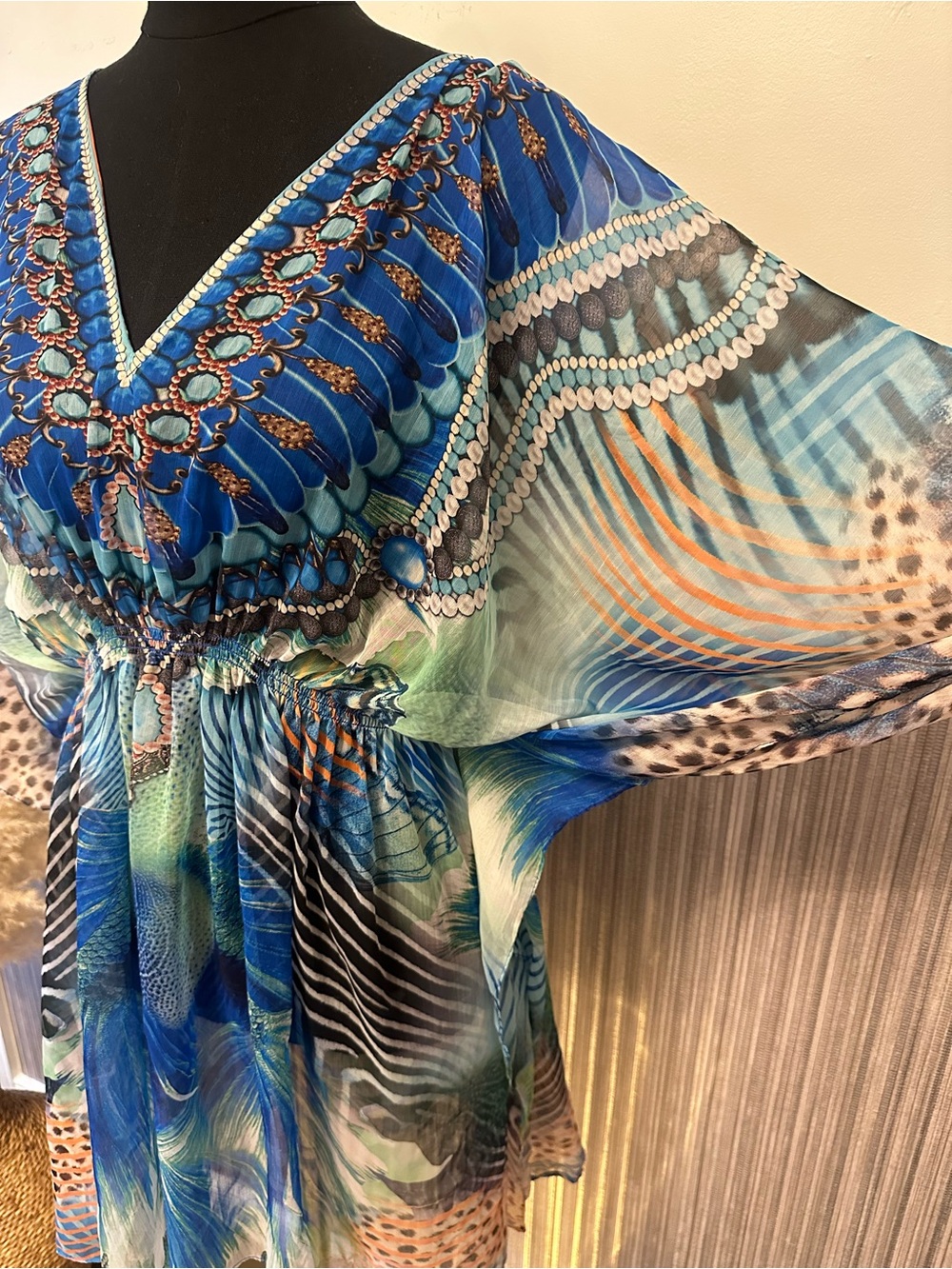 Peacock Print Kaftan Dress One Size Blue Boho Beach Cover Up Tunic Cruise Resort - Picture 4 of 9